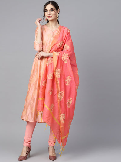 Peach two-toned gold khadi chanderi anarkali with solid light pink churidar and printed chanderi dupatta