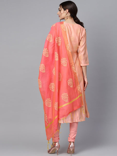 Peach two-toned gold khadi chanderi anarkali with solid light pink churidar and printed chanderi dupatta
