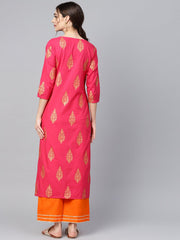 Red gold printed kurta set with solid orange gota detailing pant