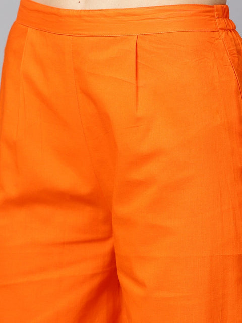 Red gold printed kurta set with solid orange gota detailing pant