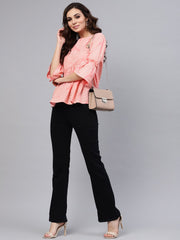 Pink quirky bird printed Round neck frilled sleeves top