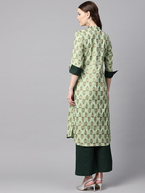 Green floral print V-neck collared 3/4th sleeve straight kurta with revesible cuff detailing solid palazzo.