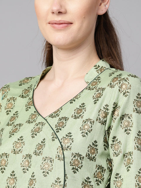 Green floral print V-neck collared 3/4th sleeve straight kurta with revesible cuff detailing solid palazzo.