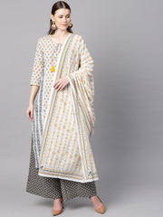 Light grey printed round neck with slit and hangings 3/4th sleeve straight panneled kurta with printed palazzo and printed dupatta.