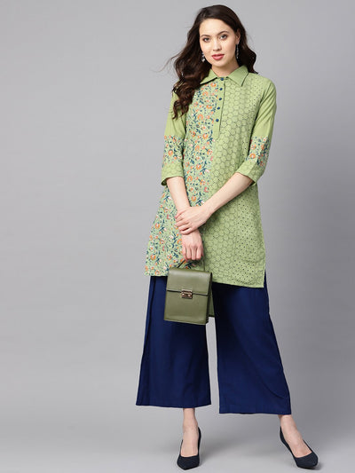Green floral printed with schiffli high-low 3/4th sleeve kurta