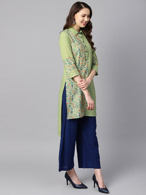 Green floral printed with schiffli high-low 3/4th sleeve kurta