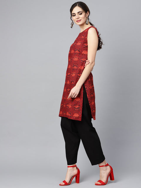 Maroon round neck sleeveless floral printed kurta with black salwar