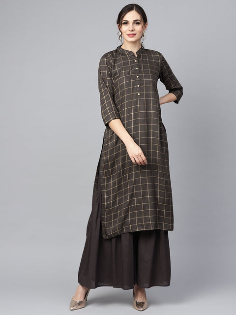 Black checkered gold printed 3/4th sleeve chinese collared button detailing kurta with solid sharara