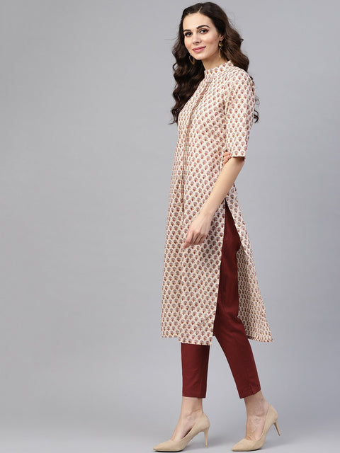 White printed closed collar with back slit opening 3/4th sleeve front pleated kurta with side pockets with solid ciggratte pants