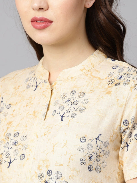Cream printed chinese collar with placket opening half sleeves straight kurta
