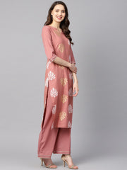 Mauve Colored Gold printed Kurta Set with Solid Palazzo Embellished with Gotta