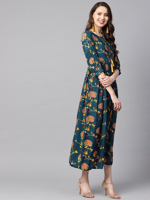 Dark teal Turquiose Floral printed maxi dress with key hole neckline & 3/4 sleeves