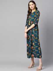 Dark teal Turquiose Floral printed maxi dress with key hole neckline & 3/4 sleeves