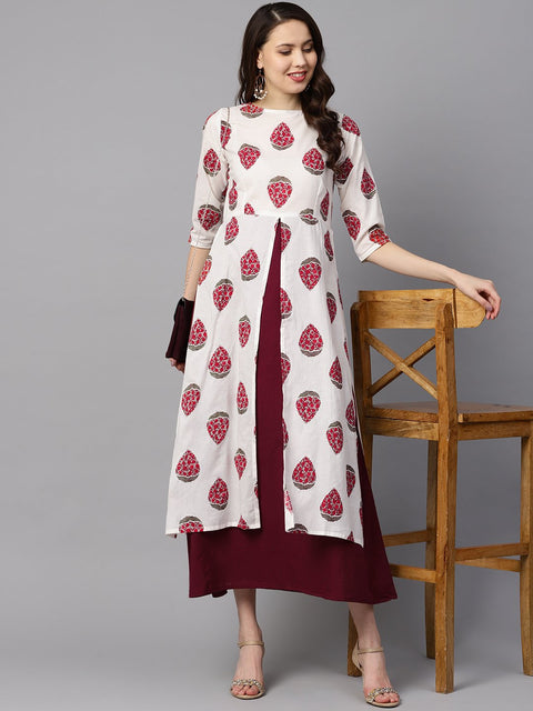 Floral Boota attached with Solid Maroon dress with Multiple Slits & 3/4 sleeves