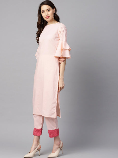 Solid Light Peach Straight Kurta with Flared sleeves & Pants with Shifli detailing
