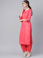 Red 3/4th sleeve cotton Kurta Set with Pleated Salwar & Blue Dupatta