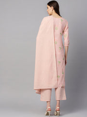 Peach printed floral round neck 3/4th sleeve straight kurta with stripped pants and printed kurta.