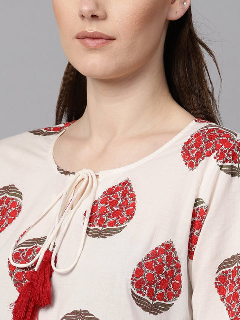 White & Red Printed Kurta with Keyhole neck & 3/4 sleeves