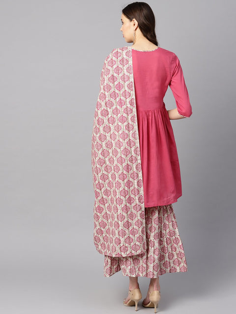 Pink Gathered Short Kurta With printed Sharara & Dupatta