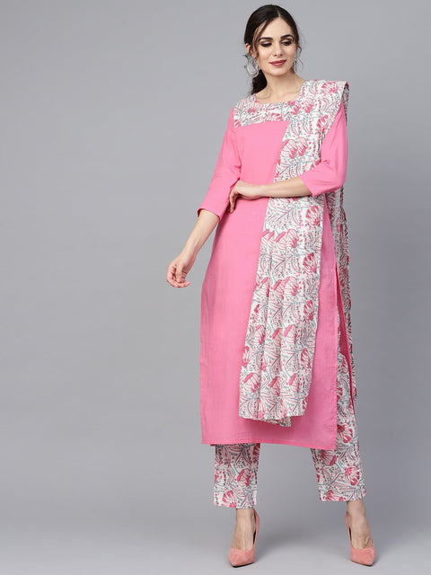 Solid 3/4th sleeve Pink Kurta with Printed shoulder yoke with pants & Mul printed Dupatta