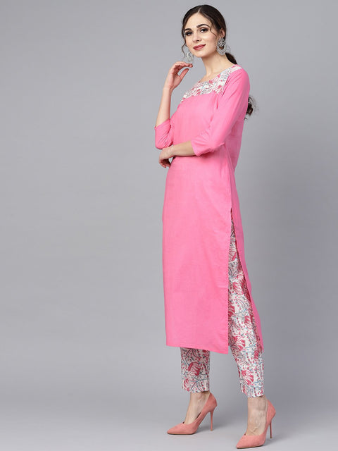 Solid 3/4th sleeve Pink Kurta with Printed shoulder yoke with pants & Mul printed Dupatta