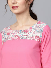 Solid 3/4th sleeve Pink Kurta with Printed shoulder yoke with pants & Mul printed Dupatta