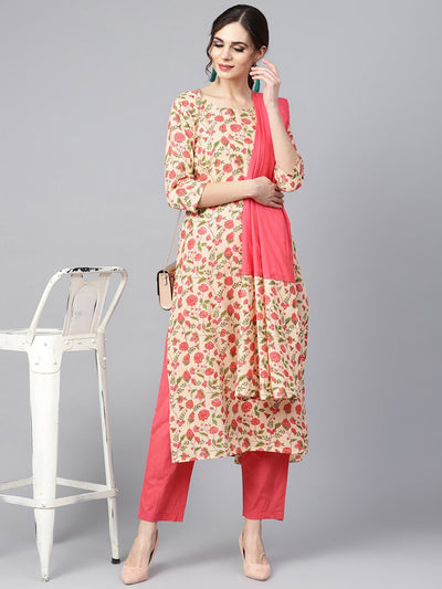 Beige Colored Floral printed Straight Kurta With Solid Pink Pants & Mul dupatta