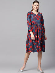Blue Printed Dress with V neck & 3/4 sleeves