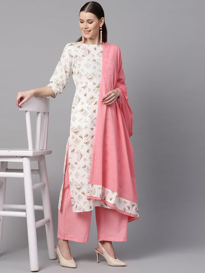 White Printed 3/4th sleeve Kurta with Solid baby pink palazzo & Dupatta