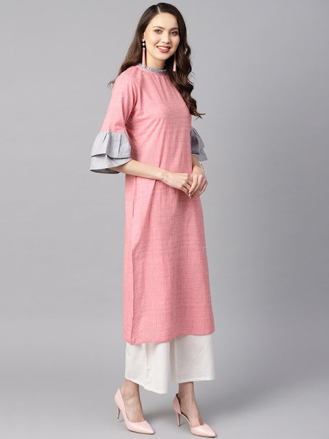 Light Pink Kurta with Pleated Neckline with Flared Sleeves