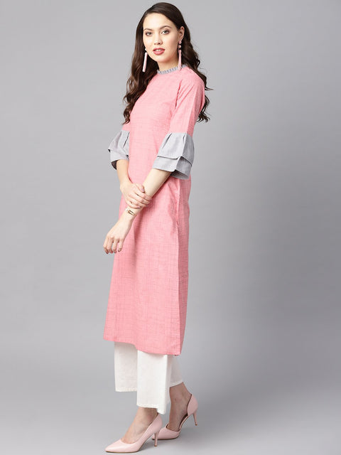 Light Pink Kurta with Pleated Neckline with Flared Sleeves