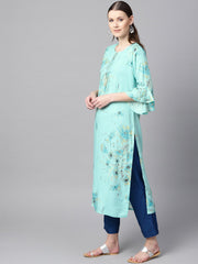 Sky blue floral foil printed round neck with V-slit and tassels detailing flared sleeve straight kurta