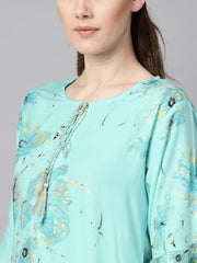 Sky blue floral foil printed round neck with V-slit and tassels detailing flared sleeve straight kurta