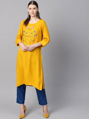 Mustard yellow round neck embroidered kurta with cuff and loop detailing sleeves.