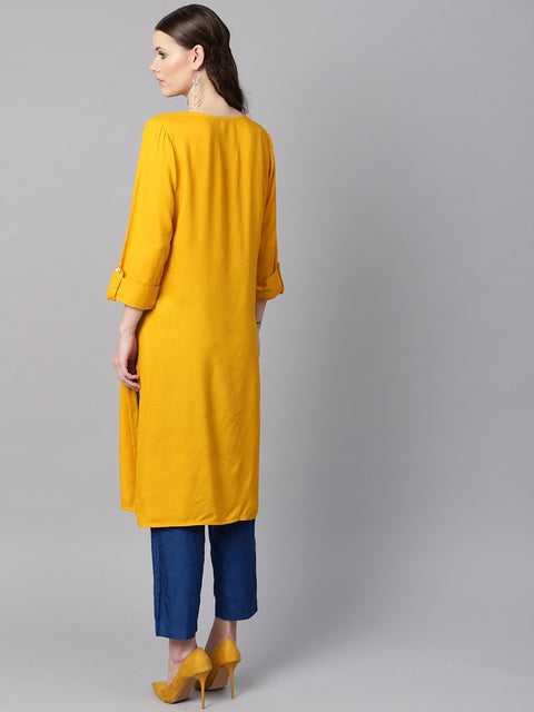 Mustard yellow round neck embroidered kurta with cuff and loop detailing sleeves.