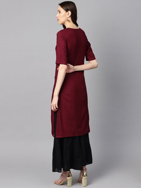 Burgundy color block printed half sleeve straight kurta