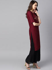 Burgundy color block printed half sleeve straight kurta