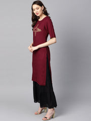 Burgundy color block printed half sleeve straight kurta