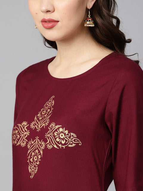 Burgundy color block printed half sleeve straight kurta