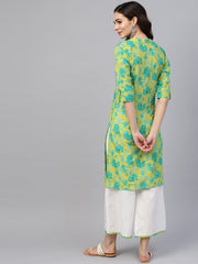 Fluorescent Green & Blue Floral Printed Kurta Set with White Palazzo with Print Detailing