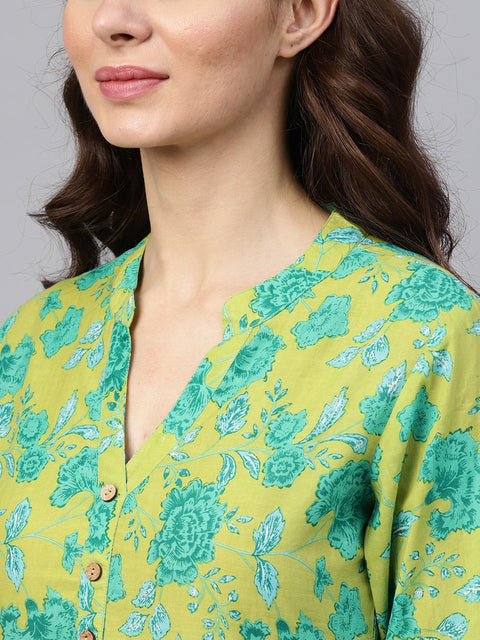 Fluorescent Green & Blue Floral Printed Kurta Set with White Palazzo with Print Detailing