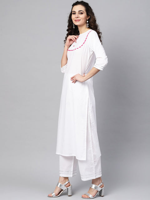 White Kurta Set With Palazzo &  cotton Megenta Lehriya dupatta