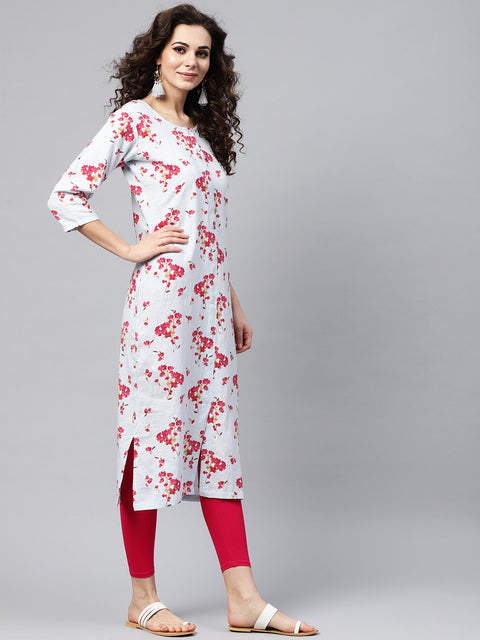 Powder Blue Floral Printed Kurta with Front Placket & Multiple Slits