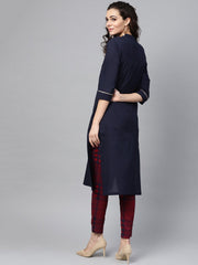Navy Blue Solid Straight Kurta Set With Checked Pants