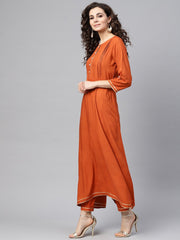 Rust Orange A-line Kurta Set With Pants & Bhagalpuri printed Dupatta