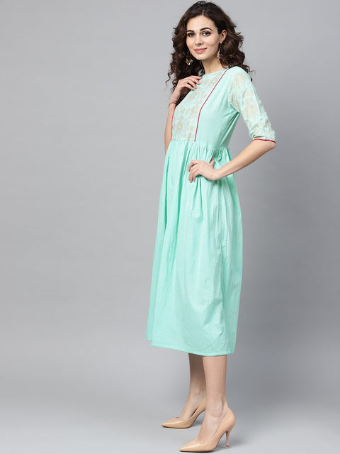 Pastel Green Dress With Front Gold Printed Yoke & 3/4 sleeves