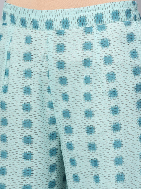 Sea green printed 3/4th sleeve cotton kurta with printed palazzo