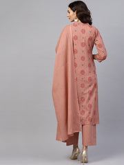 Beige printed 3/4th sleeve cotton kurta set with striped printed dupatta