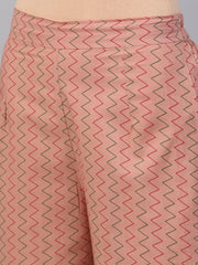 Beige printed 3/4th sleeve cotton kurta set with striped printed dupatta
