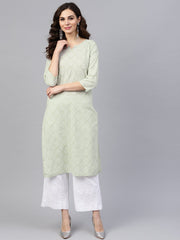 Green printed 3/4th sleeve cotton printed straight kurta